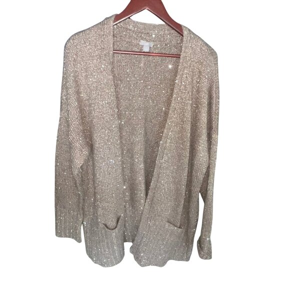 J Jill Sequin Wool Blend Open Front Cardigan Sweater Size L tan  Pockets - Picture 1 of 8
